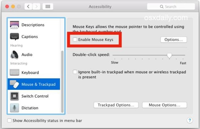 Bỏ tích ở ô Enable Mouse Keys để tắt điều khiển chuột bằng phím số