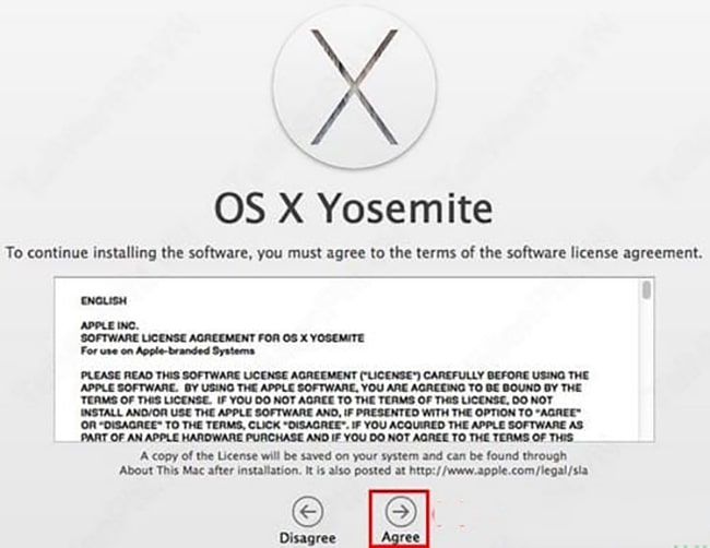 Để cài đặt hệ điều hành Yosemite cần chấp nhận các điều khoản Apple đưa ra