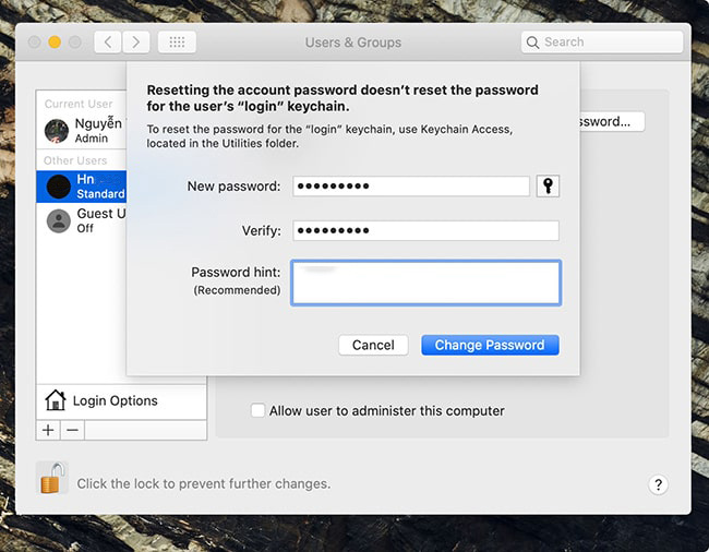 Nhập mật khẩu mới cho Macbook và lưu lại thay đổi