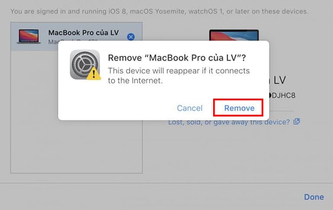 Đồng ý xóa iCloud trên Macbook khi nhấn Remove