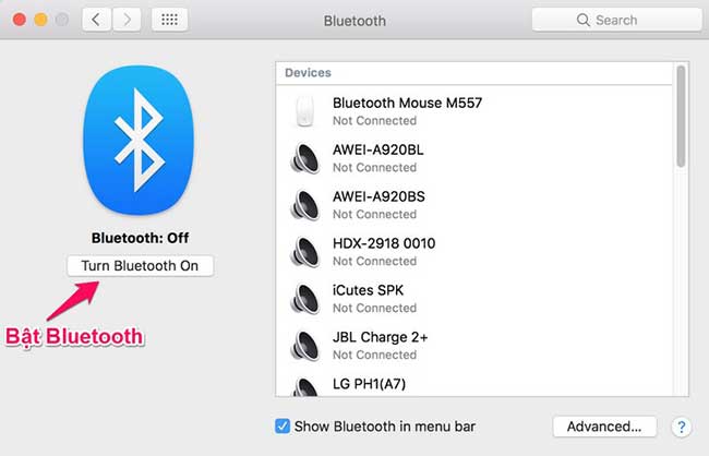 Bật tắt Bluetooth trên Macbook bằng System Preferences